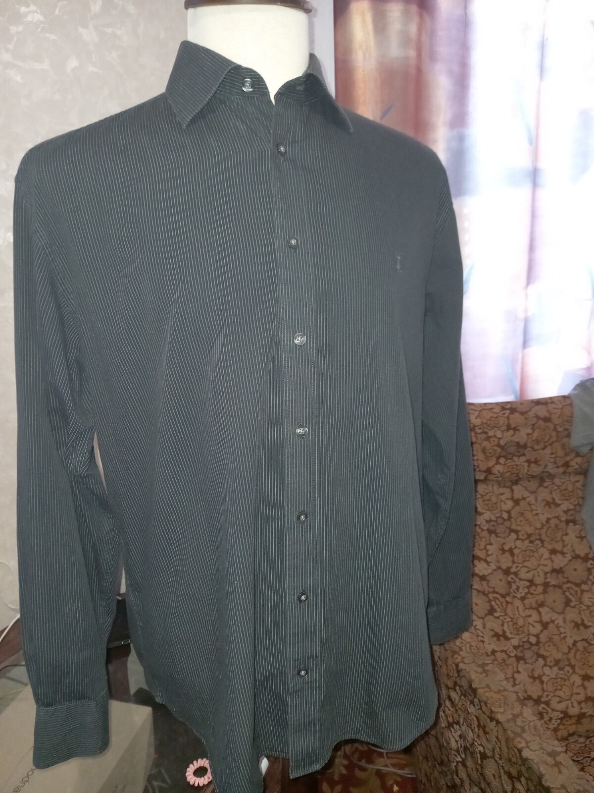 Camicia da uomo Yves Saint Laurent nera bianca a righe maniche lunghe con bottoni taglia L