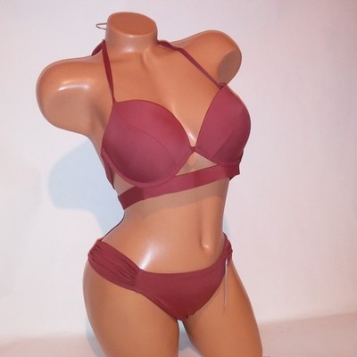 Victoria Secret Swim Bikini 36B Top Medium Bottom Ginger Push Up Solid Halter
