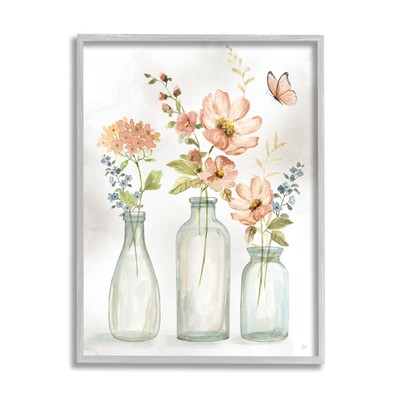 Pink Flowers Fluttering Butterfly Framed Giclee Art, Design by Nan