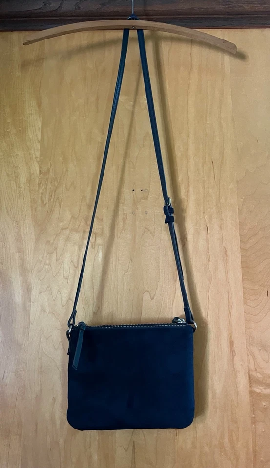 BOLSO BANDOLERA ANTIGUO AZUL MARINO DE LONA A RAYAS Y CUERO AZUL MARINO IMITACIÓN GAMUZA Foto 4 de 4