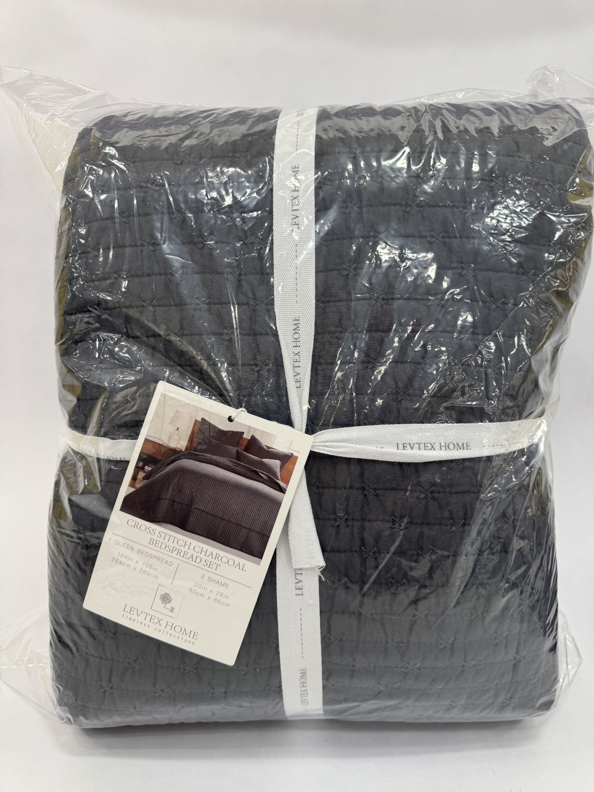Levtex Home 3-Piece Cross Stitch Charcoal Bedspread Set Queen Size Cotton NEW