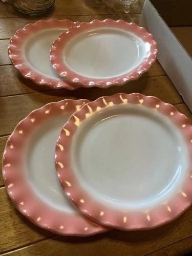 Qty 4 Vintage Hazel Atlas Crinoline Pink Ripple Milk Glass Dinner Plates 8.75 In