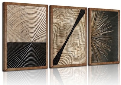 3Pcs Retro Wood grain Abstract Canvas Wall Art Minimalist Black Golden Line T...