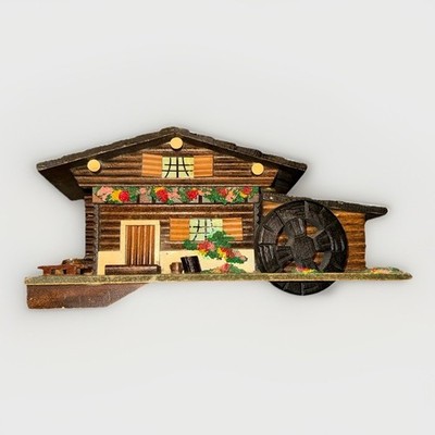 Vintage Swiss Alpine Chalet Wooden Jewelry Box Water Wheel Mirror Red Velvet