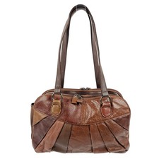Vintage Brown Leather Patchwork Shoulder Bag Handbag Dual Compartment Tote