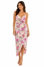 ASTR The Label Pink Green Floral Satin Midi Wrap Dress Size Large Coquette NWT