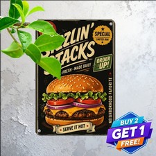 Large Hand Lettered Headline Hamburger Diner Poster Vintage Metal Tin Sign