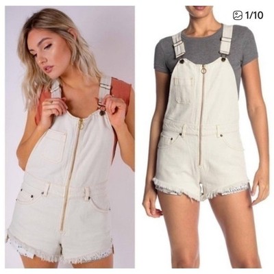 Free People Sunkissed Utility Chic Bohemian Denim Shortalls Cream Size 4 NWT