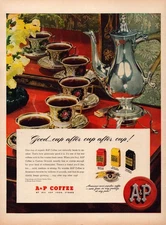 A&P Coffee 1940s Vintage Ad Silver Teapot China Cups Mirror Breakfast Scene
