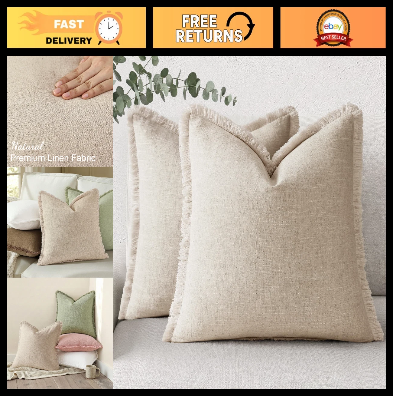 Summer Decorative Linen Fringe Throw Pillow Covers Set of 2 - Natural Beige Boho