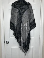 Women's Scarf Wrap Shawl Tribal Bohemian Fringe 22X74 Black Gray