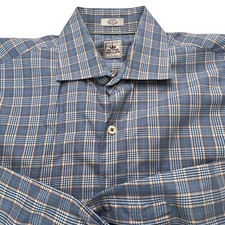 PETER MILLAR Cotton Shirt Light Blue Plaid Casual Button Front Sz Med Slim Fit