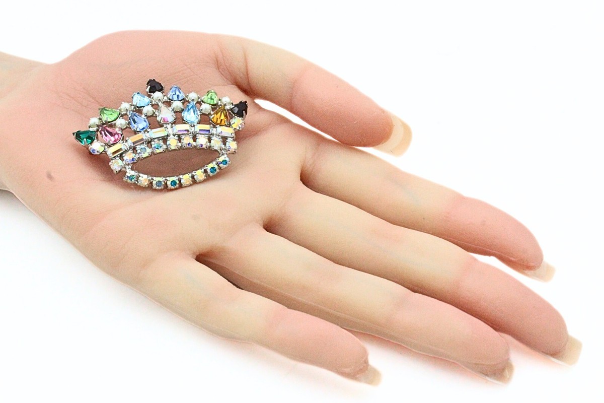 Adorable Signed B David Multi-Color Rhinestone AB Crystal Crown Brooch View 4
