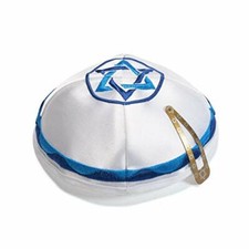 Kippa Juive En Satin Blanc Avec Étoile De David Et Kippa De Couleur Bleue