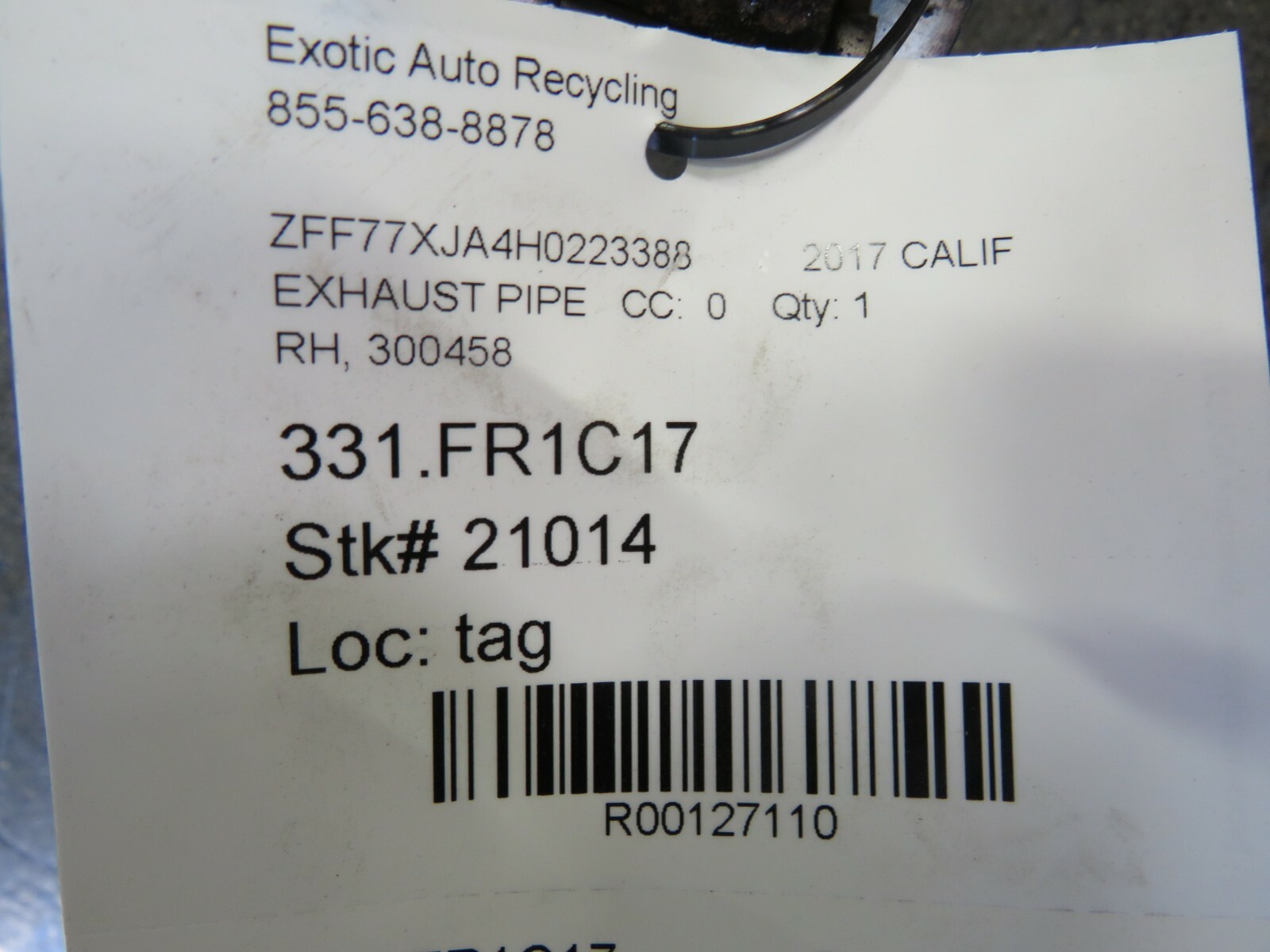 Ferrari California T, RH, Right, Exhaust Pipe, Used, P/N 300458