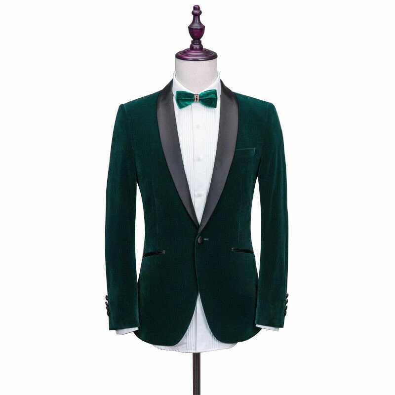 Men Dark Green Velvet Suit Jacket Tuxedos Groom Party Wedding Suit