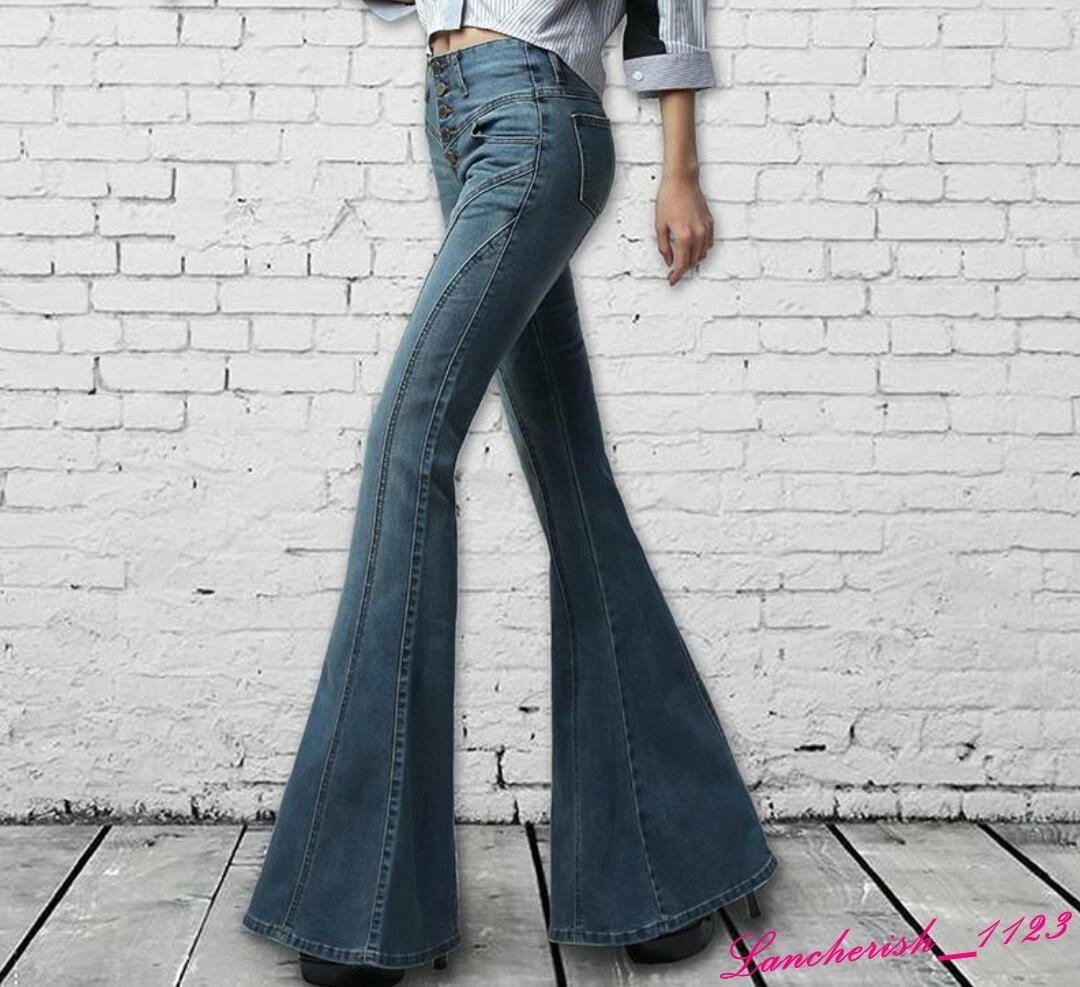 Women's Denim Bell-bottom Pants Jeans Trousers High Waist Slim Fit Fishtail  Chic