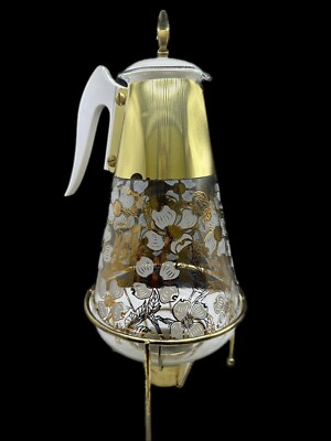 Mid-Century Fred Press Glass Coffee Carafe   Gold & White Dogwood Floral Design
