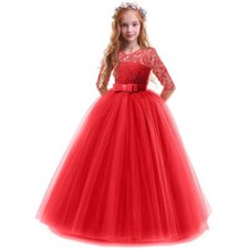 Girls Sleeveless 3D Embroidery Flower Pageant Prom Ball Gown Dress Red 11-12 YO