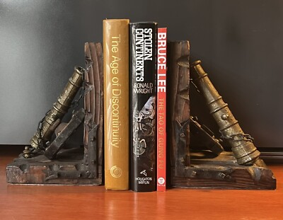 Vintage Midcentury Witco Style Cannons Ship Wheel Themed Wooden Bookends Damaged