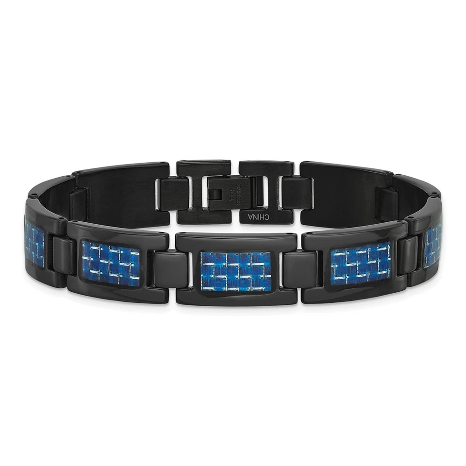Mens 8.25" Stainless Steel Black Plated w/ Blue Carbon Fiber Inlay Bracelet - Image 4 of 4
