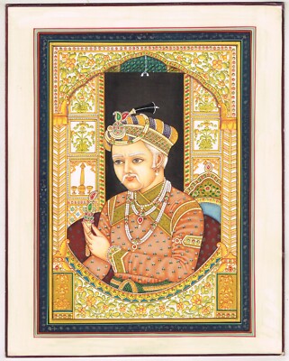 Portrait Painting Of Mughal Emperor Akbar On Paper For Wall Gift 10.5x13 Inches