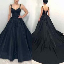 Gothic Black Wedding Dresses Spaghetti Straps Backless Lace Applique Bridal Gown