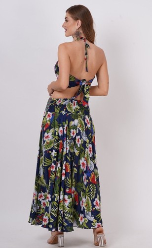 Conjunto de pantalón estampado de dos piezas con cuello halter sin espalda y cintura elástica alta para mujer - Imagen 7 de 12
