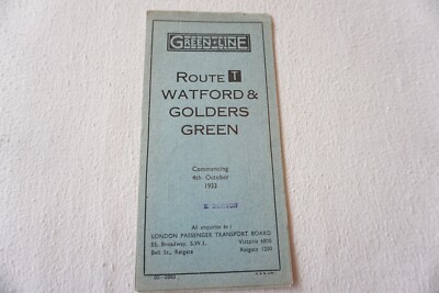 1933 Green Line Coach Bus Fahrplan Watford Golders Green Route T sehr guter Zustand
