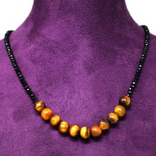 70.00 Cts Natural Faceted Black Spinel Tiger Eye Round Beads Necklace NK 22E60