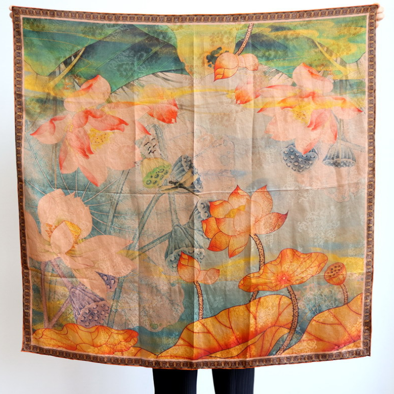100% Silk Bandanna Scarf Square Wrap Double Face lotus Print Shawl 108X108cm new