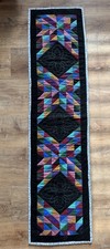 Vintage Handmade Quilted Table Runner Black Colorful Rectangle Fleece Back 59x15