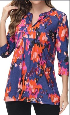 MCEDAR Womens 3/4 Sleeve Floral Printed V Neck Blouses Casual Tunic Tops