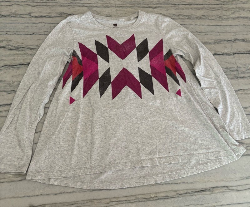 Tea Collection Girls Gray Geometric Long Sleeve Trapeze Shirt Size L 8-10