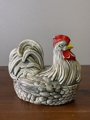 VTG Arnel's Rooster on Nest Covered Dish 1983 Painted Glazed Art Pottery MCM HEN