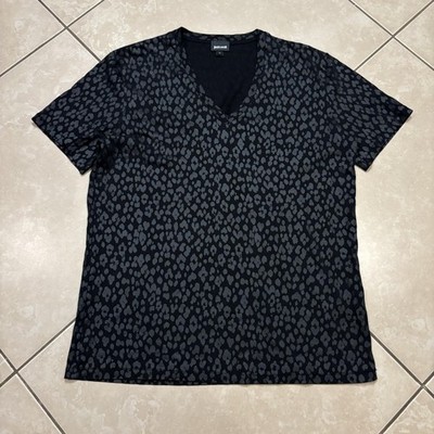 Just Cavalli Shirt Mens L Black Allover Leopard Animal Print AOP V-Neck Cotton