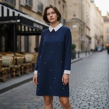 SHEIN Dress Womens M Navy Pearl Embellished Contrast Collar Above Knee