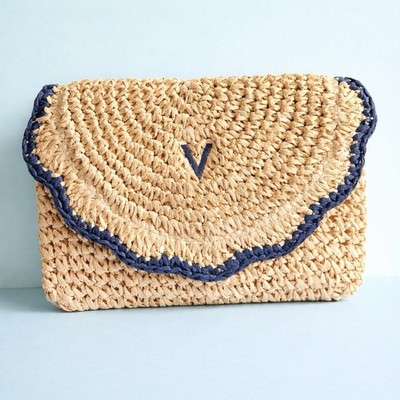 Pottery Barn Mark & Graham Scalloped Raffia Clutch Purse Natural Blue Monogram V