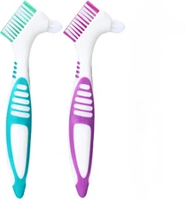 Denture Cleaning Brushes 2-Pack with Dual-Angle Heads - Soft Green/Purple