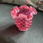 Vintage Fenton Cranberry Diamond Optic Ruffled Rim 4.5 Inch Vase