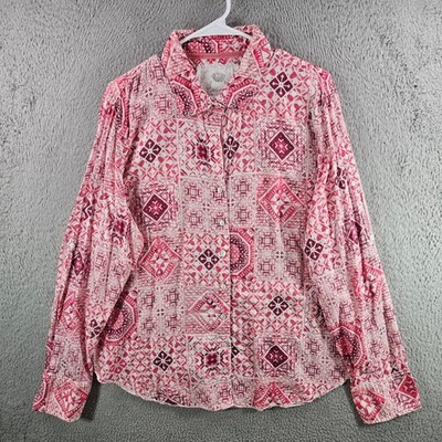 Cino Women Pink Tile Print Crinkle Cotton Button Down Shirt XXL Boho Geometric