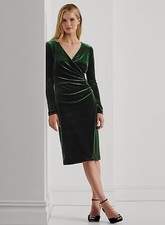 $175 LAUREN RALPH LAUREN VELVET LONG SLEEVE SURPLICE SHEATH DRESS,GREEN, Size18