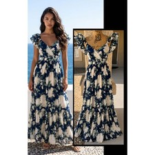 Lulus Soiree Perfection Navy Floral Ruffled Tiered Maxi Dress Size M