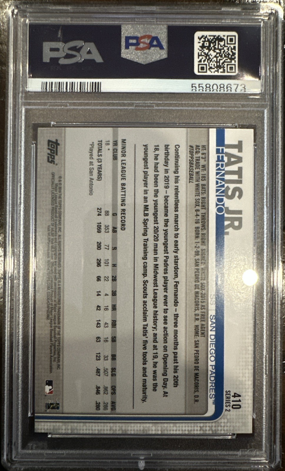 2019 Topps Fernando Tatis Jr 410 Rookie Card RC PSA 9 Mint Padres view 2