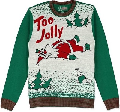 TOO JOLLY Funny Santa Passed Out Ugly Christmas Sweater Holiday Party Jumper