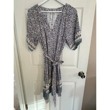 LOFT - MED-NWT Womens Floral Print Tie Waist Short Sleeve Dress Blue White