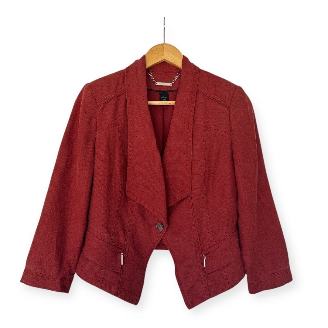 White House Black Market Rust Red Linen Blend Crop Blazer Jacket Size 4