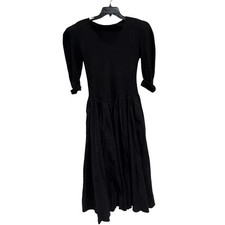 Vintage Black Drop Waist Midi Dress Puff Sleeve V-Neck Pockets Gothic Minimalist