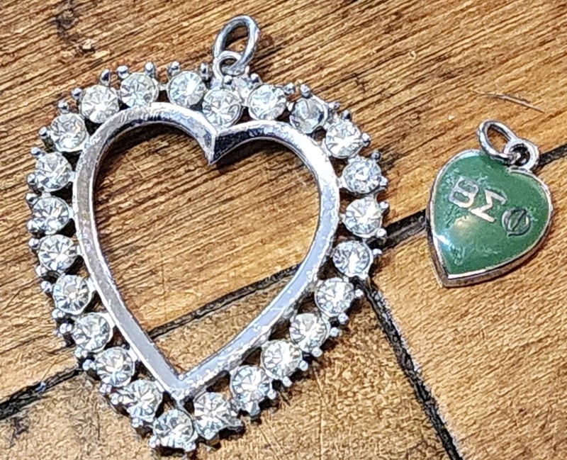 2 Vtg Heart Silver Tone Pendants 1979 Beta Sigma Phi Charm 1.25 Rhinestone Frame