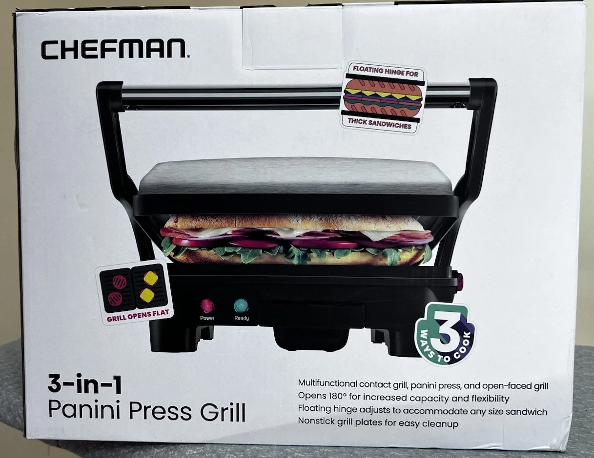 Chefman 3-in-1 Panini Press Grill and Gourmet Sandwich Maker Electric NEW!